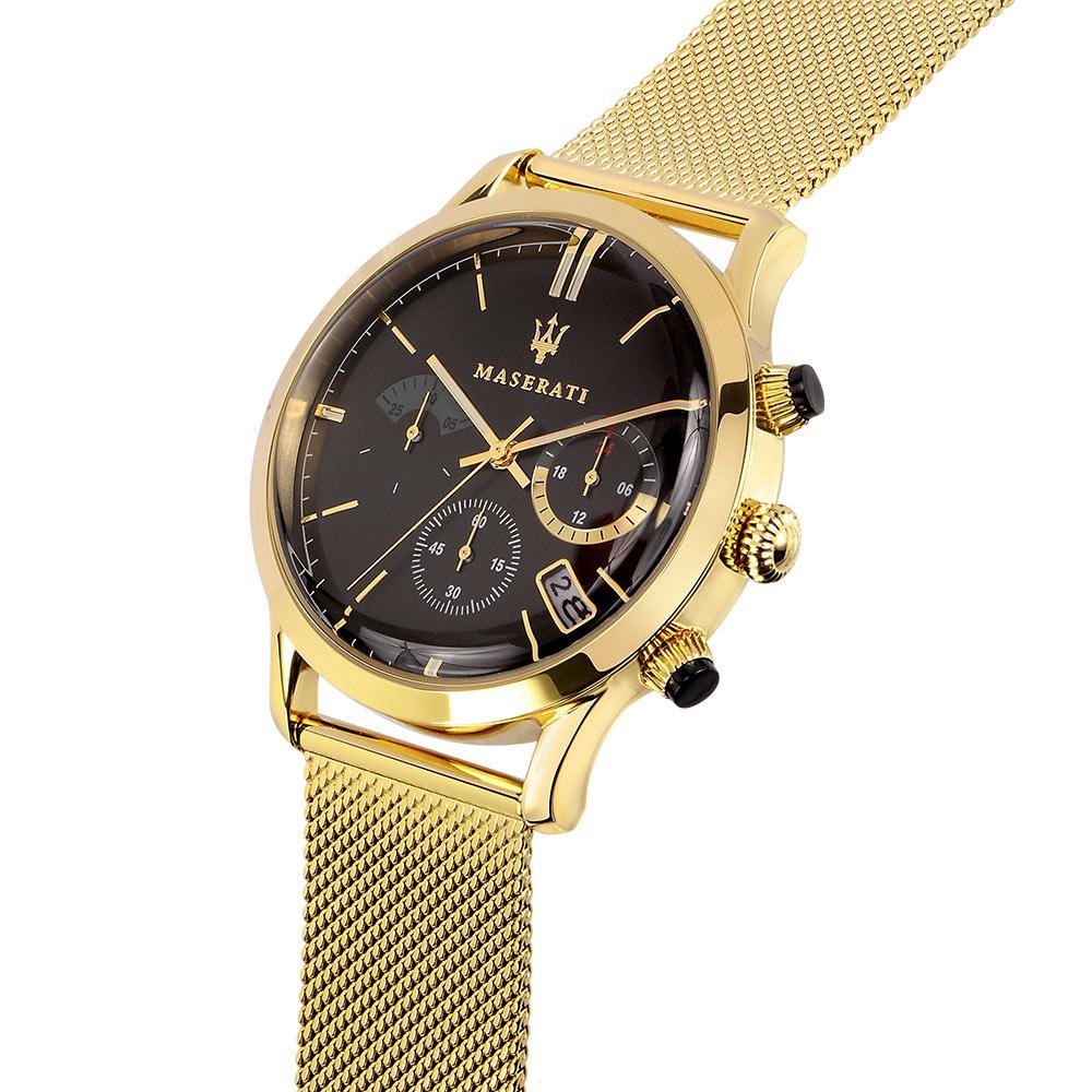 Side angle view of Maserati Ricordo gold chronograph with black dial and chronograph pushers