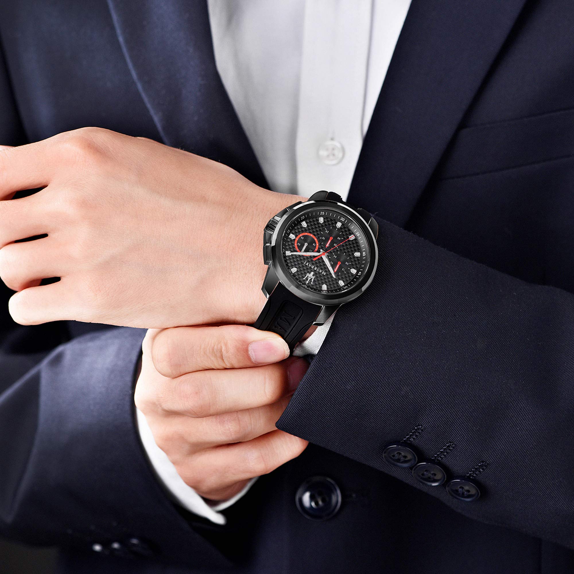 Maserati Sfida chronograph watch worn on wrist with black dial and red chronograph hands