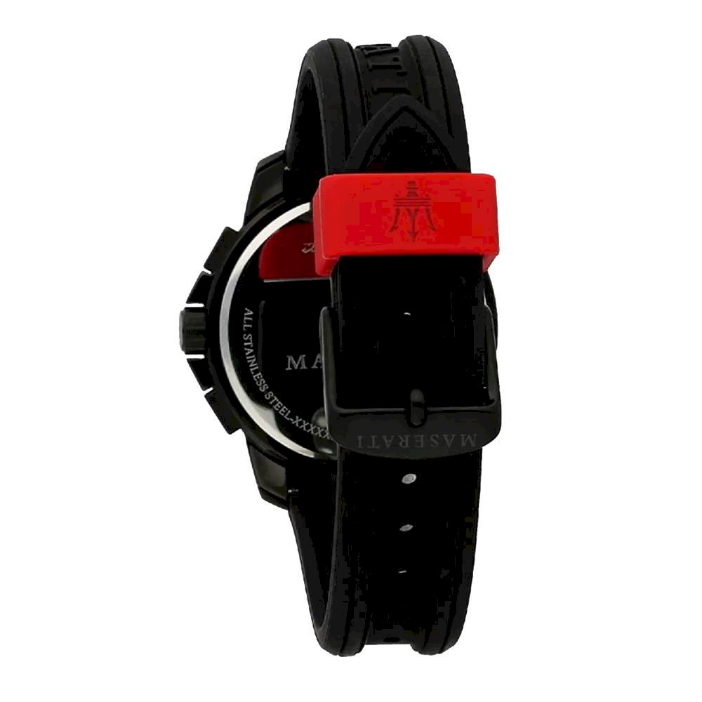 Side view of Maserati Sfida watch showing black rubber strap with red crown protector