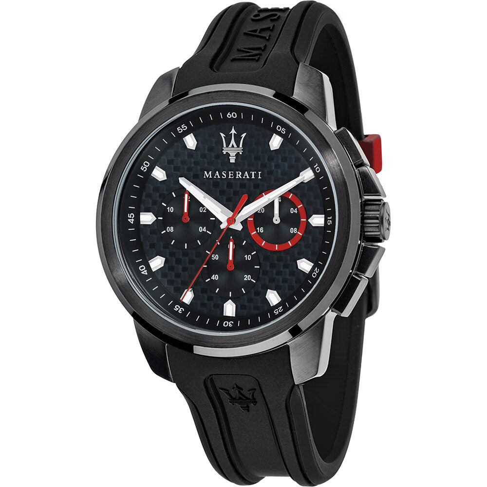 Maserati Sfida chronograph watch with black dial, red accents, and black rubber strap