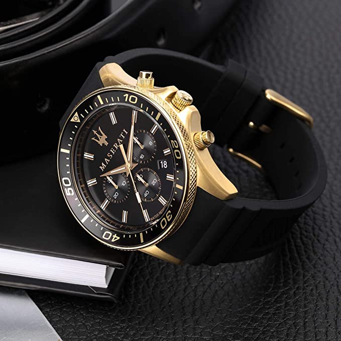 Maserati Sfida chronograph worn on wrist with black rubber strap