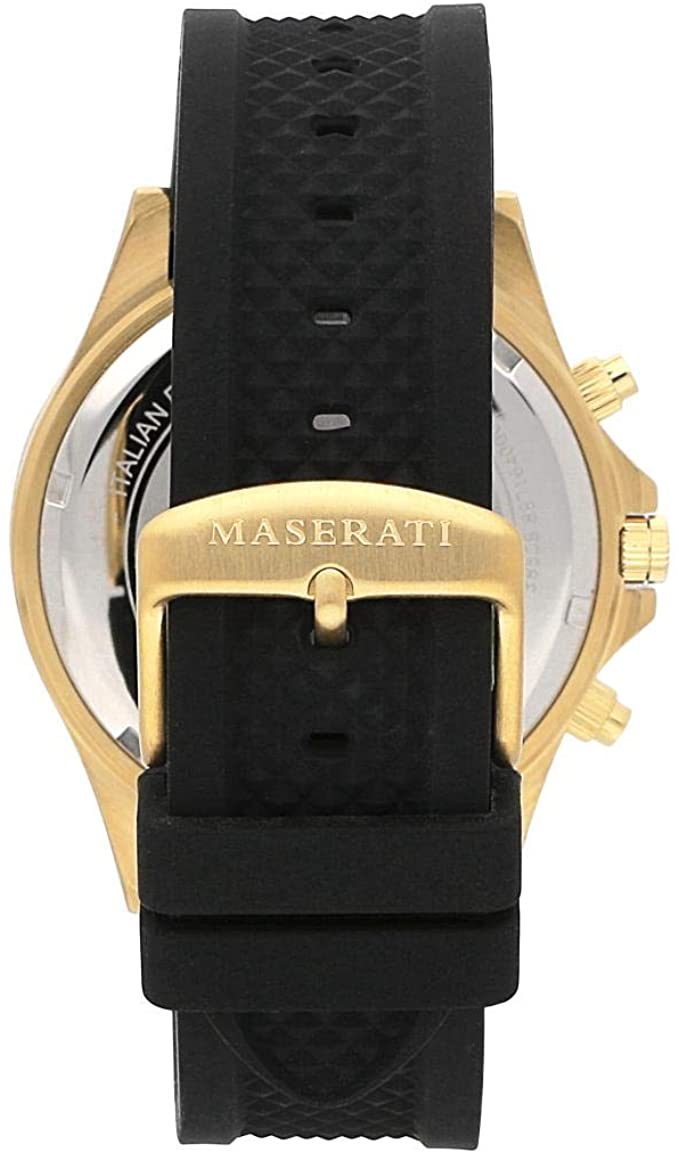 Maserati Sfida caseback showing gold plated case with black rubber strap