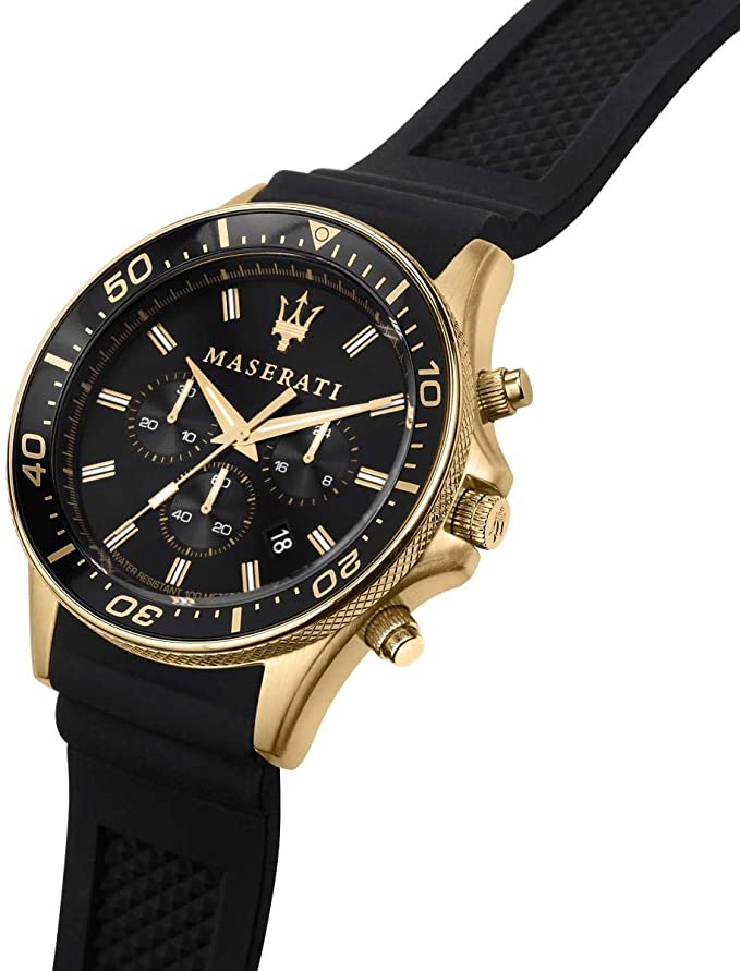 Maserati Sfida angled view with black dial and gold-tone chronograph watch