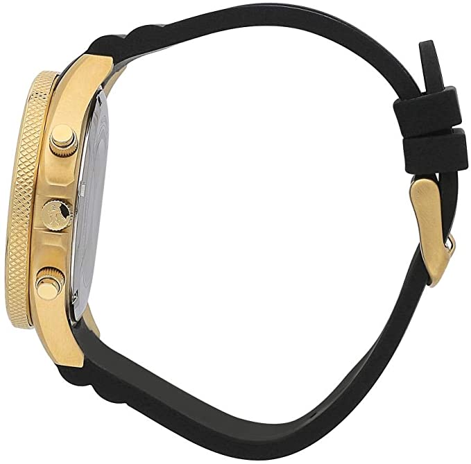 Maserati Sfida side view showing gold case and black rubber strap