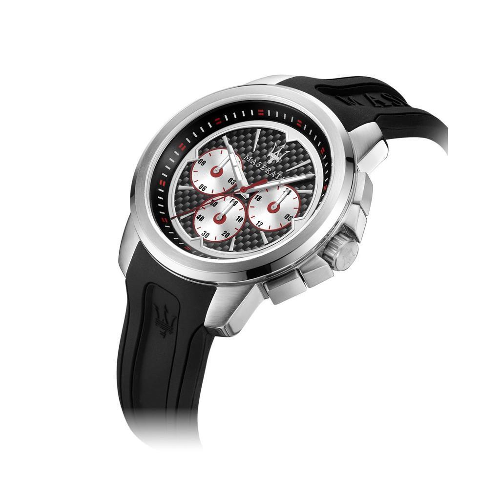 Maserati Sfida Chronograph watch at angle showing black rubber strap and silver case profile