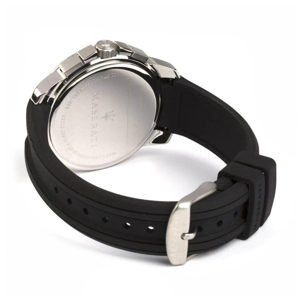 Maserati Sfida Chronograph watch caseback showing silver stainless steel back