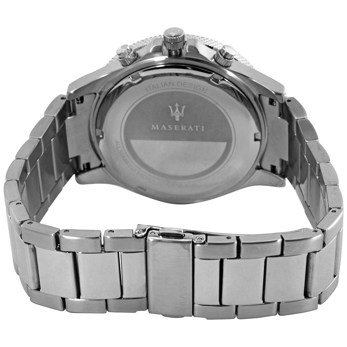 Back view of Maserati Sfida chronograph showing stainless steel caseback and bracelet clasp