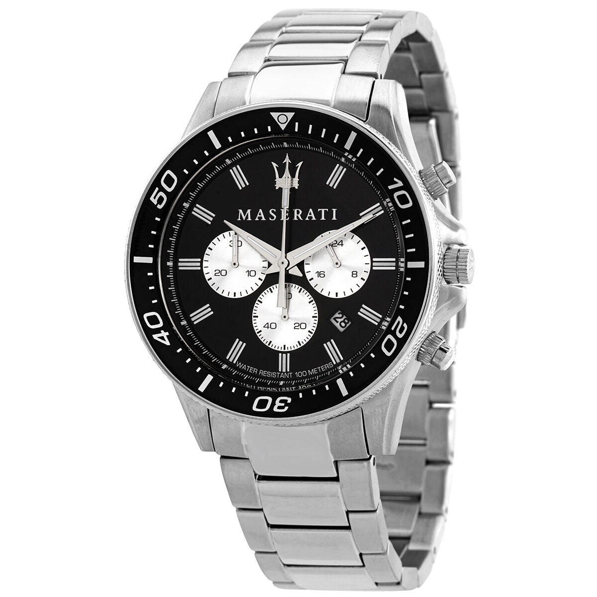Maserati Sfida chronograph watch with black dial and white subdials on stainless steel bracelet