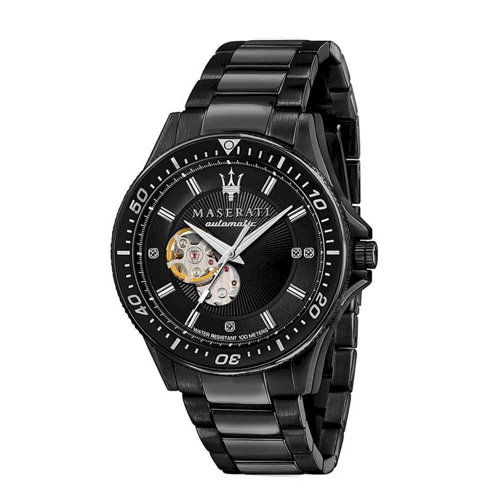 Maserati Sfida Diamonds black mechanical men's watch with skeleton dial and open heart design