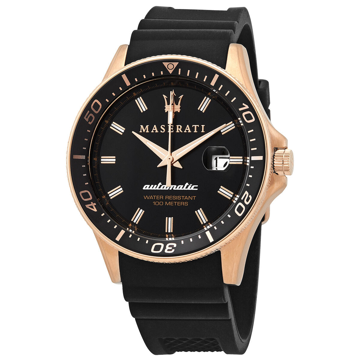 Maserati Sfida automatic watch with black dial, rose gold case, and black rubber strap