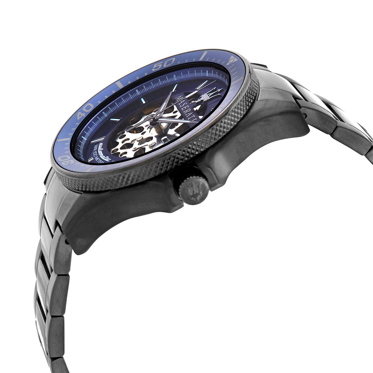 Maserati Sfida watch angle view showing blue bezel, skeleton dial, and black steel bracelet