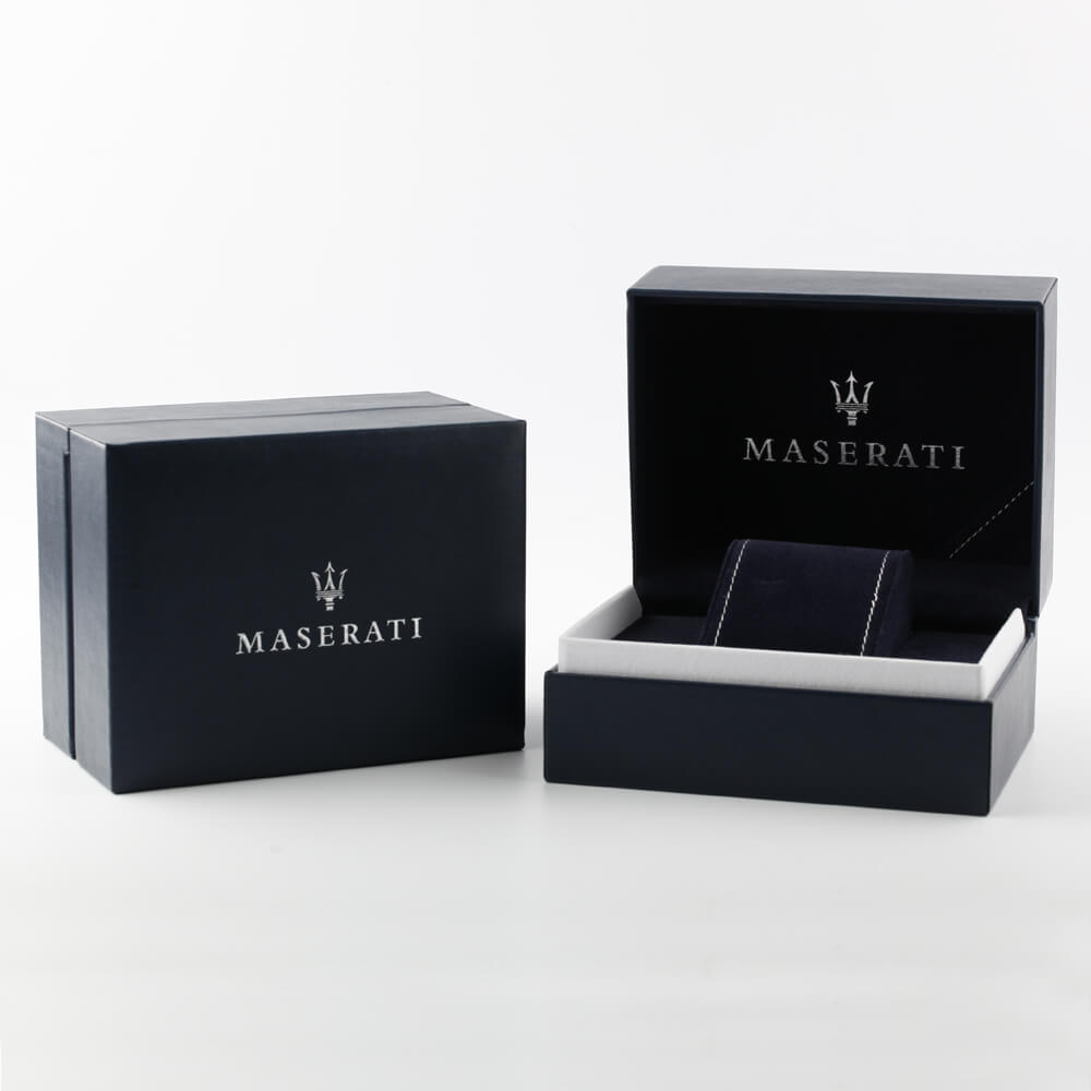 Maserati Sfida watch presentation box with trident logo and protective packaging
