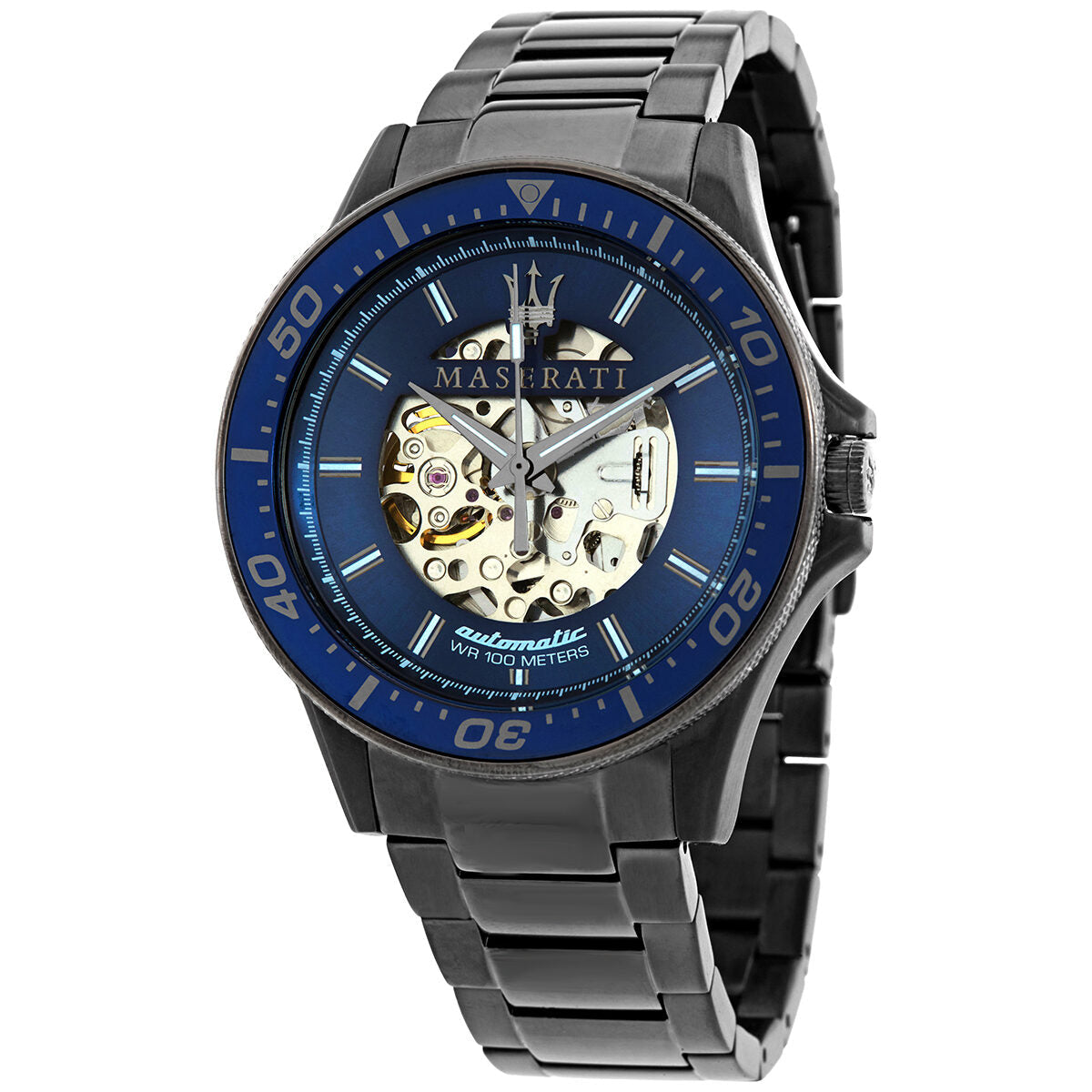 Maserati Sfida automatic men's watch with blue dial, visible skeleton movement, steel bracelet