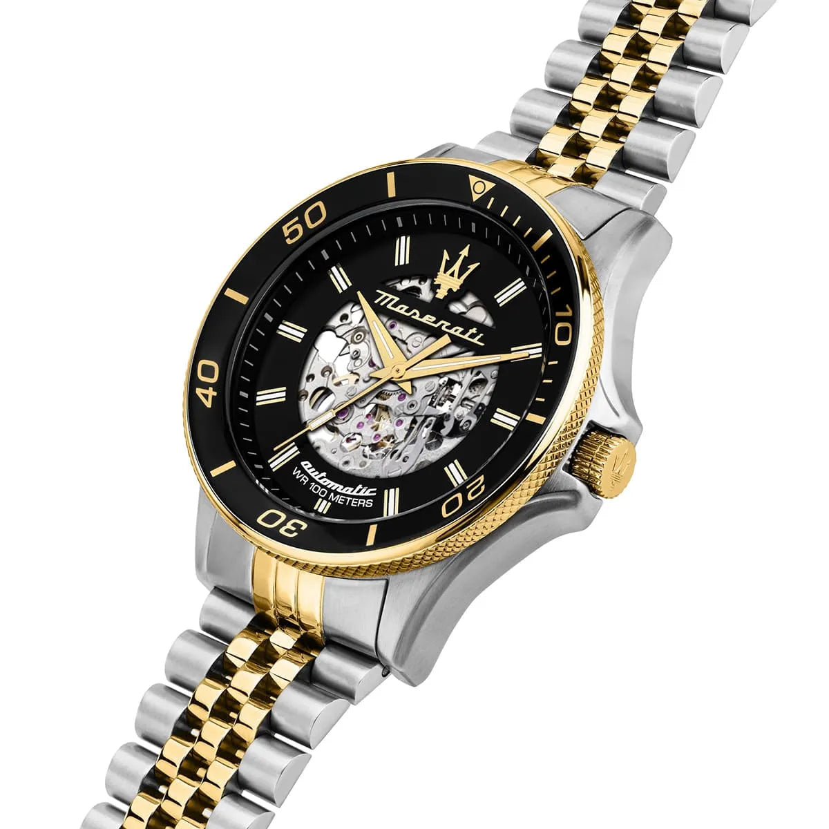 Maserati SFIDA angled view showing two-tone steel gold strap and skeleton dial