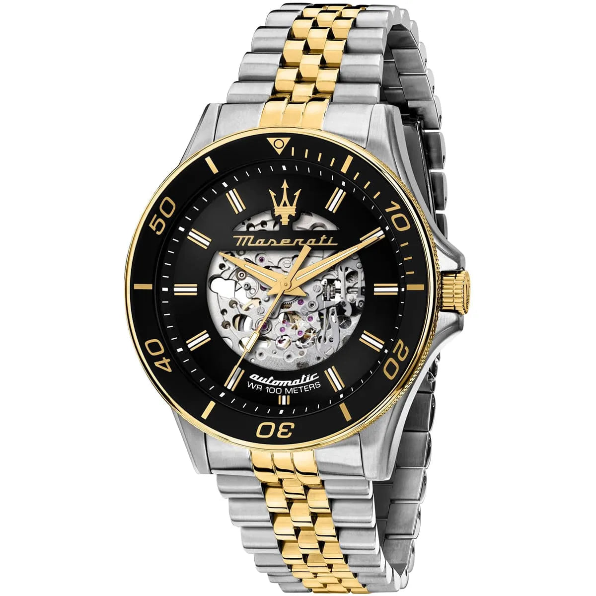 Maserati SFIDA men's automatic watch skeleton dial two-tone steel gold bracelet
