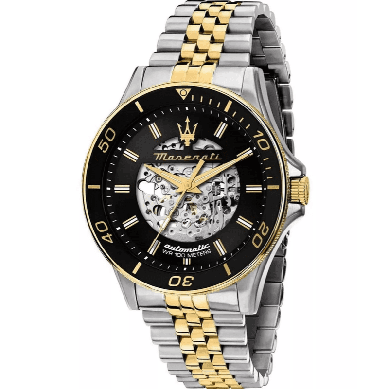 Maserati SFIDA automatic skeleton watch with black dial and two-tone steel gold strap