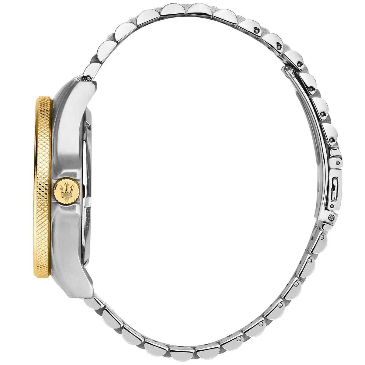 Maserati SFIDA side view showing case profile and two-tone bracelet