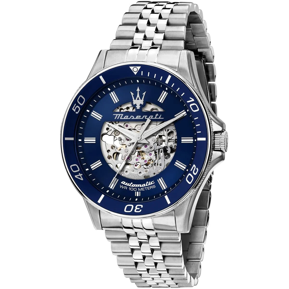 Maserati Sfida automatic watch featuring skeleton dial, blue bezel, silver stainless steel strap
