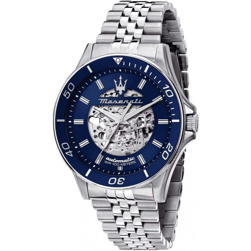 Maserati Sfida skeleton automatic watch with blue dial and silver bracelet