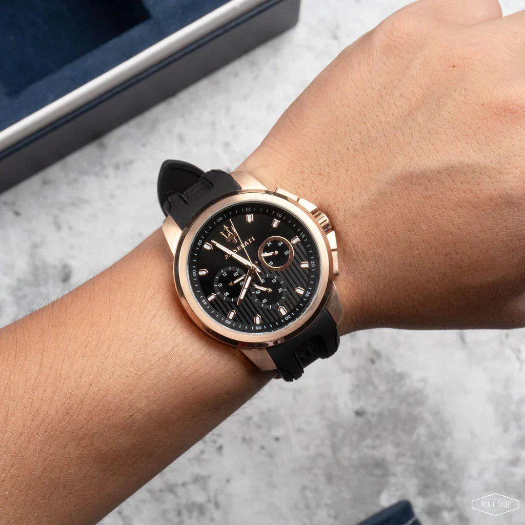 Maserati SFIDA chronograph watch worn on wrist, showing black dial and rose gold case