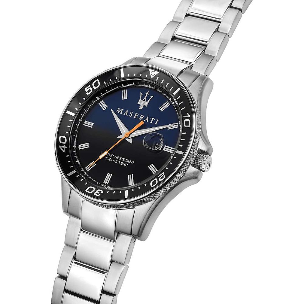 Maserati Sfida watch angled view showing silver bracelet and blue dial