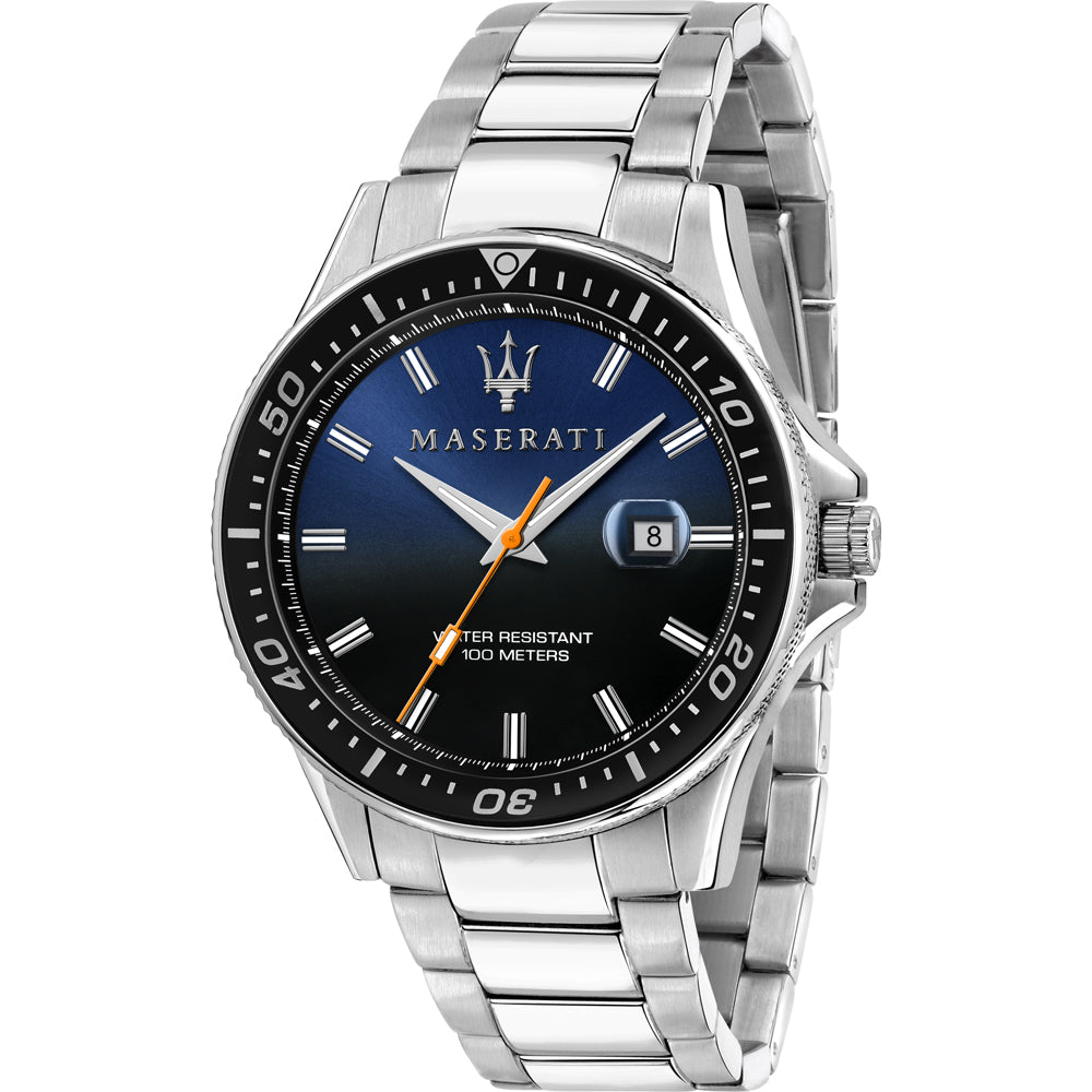 Maserati Sfida silver men's watch with blue dial and black bezel