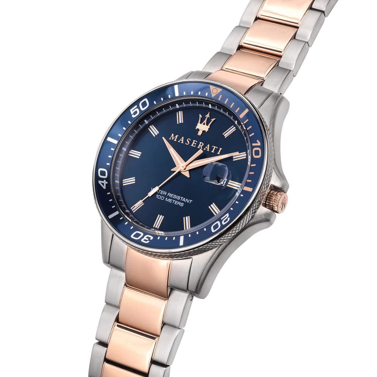 Angled view of Maserati Sfida analog watch with blue dial and rose gold accents