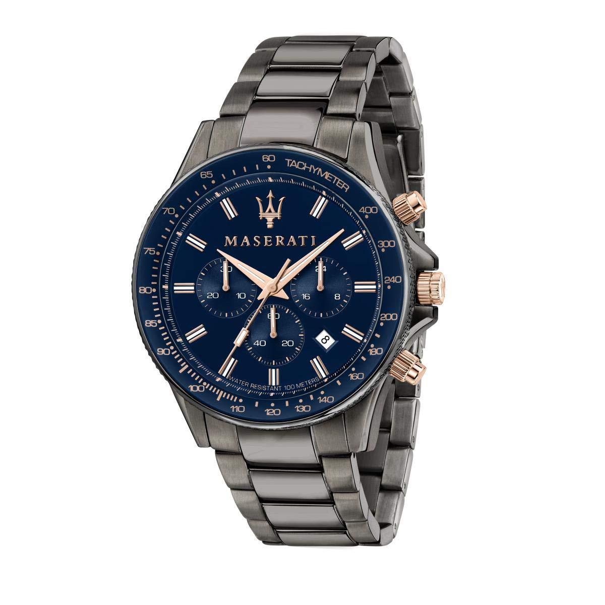 Maserati Sfida men's chronograph watch with blue dial and gunmetal steel bracelet
