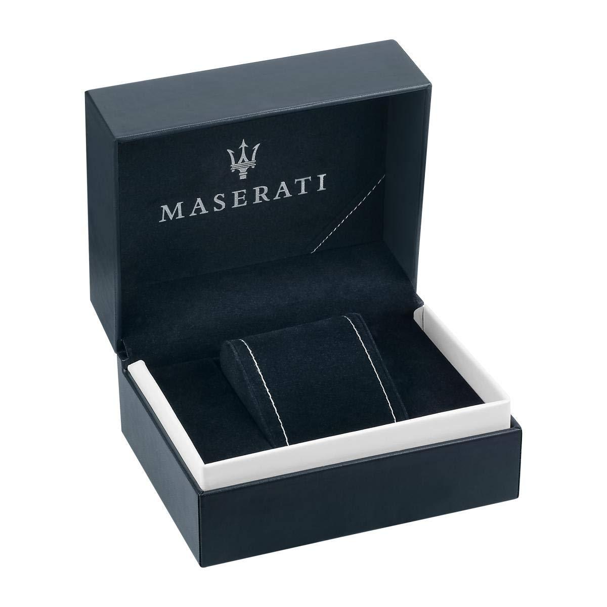 Maserati branded navy presentation box with white interior and trident logo