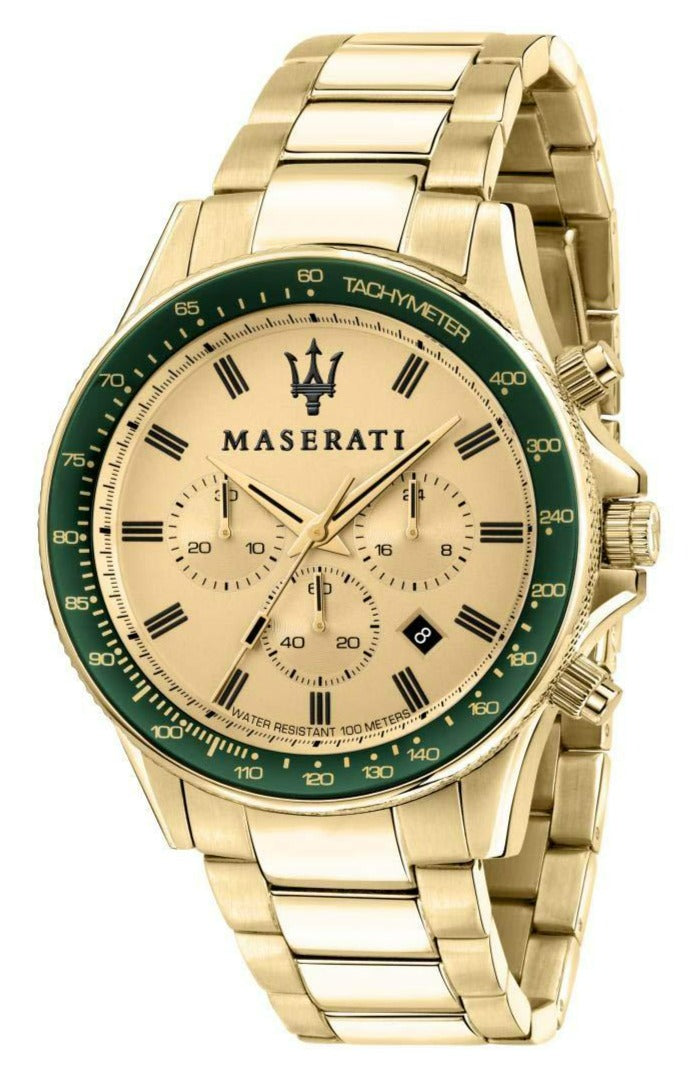 Maserati Sfida gold-tone watch with cream dial, green bezel, Roman numerals and chronograph subdials