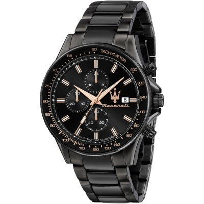 Maserati Sfida all-black chronograph watch with tachymeter bezel and date window