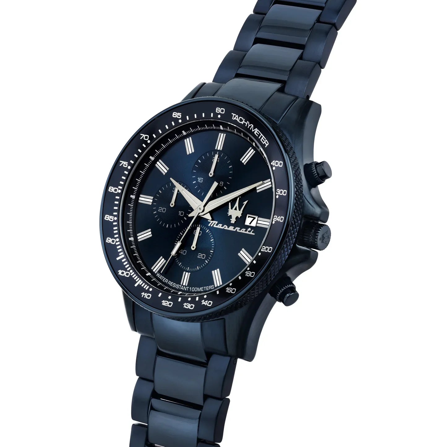 Maserati Sfida blue edition chronograph watch on wrist angle view