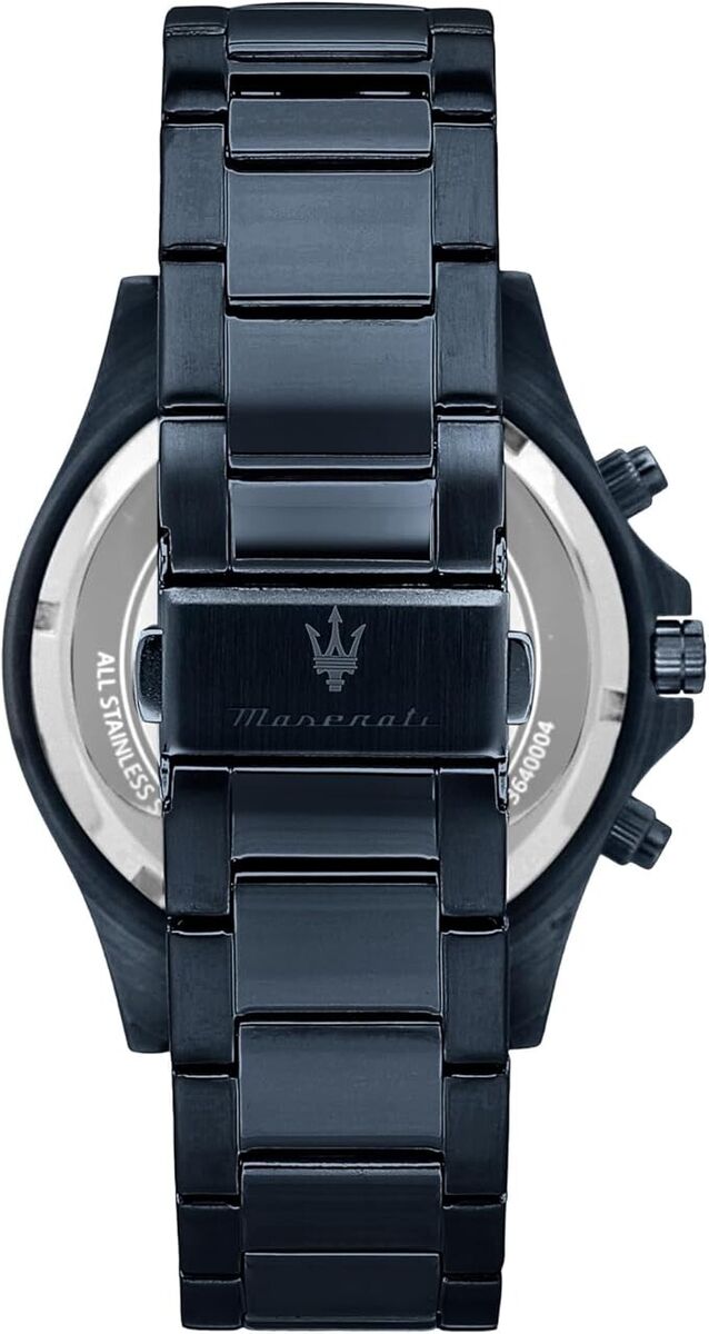 Maserati Sfida caseback showing blue steel case and Maserati trident logo