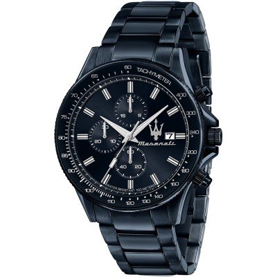 Maserati Sfida chronograph watch with blue dial and blue steel bracelet