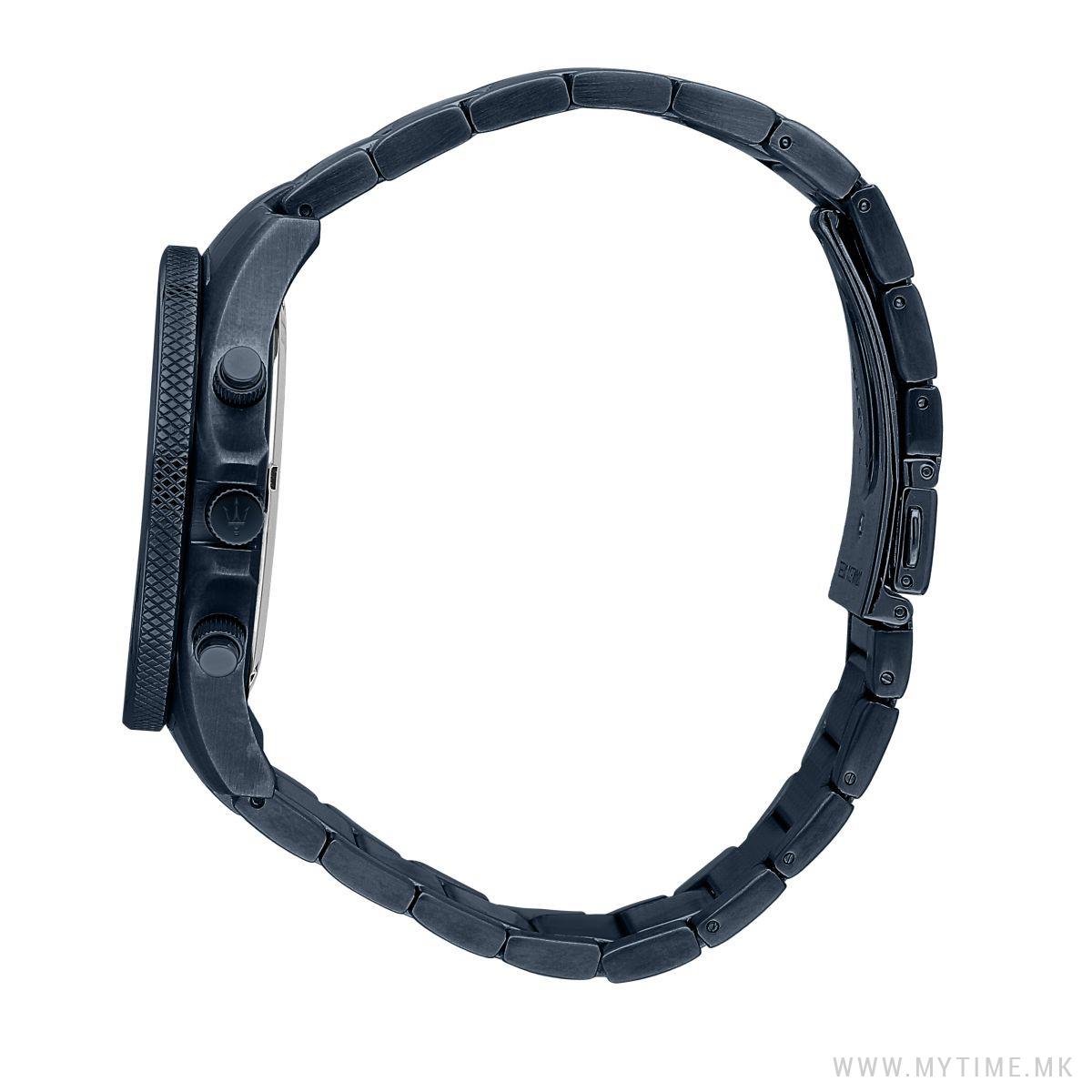 Blue steel bracelet and side profile of Maserati Sfida watch