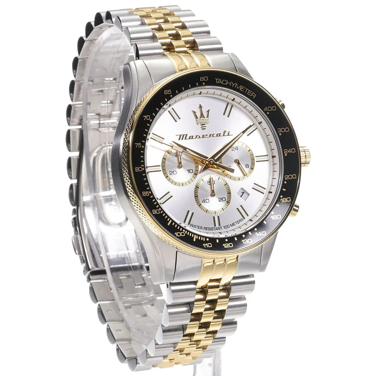 Angled side view of Maserati Sfida Sport chronograph with white dial and two-tone case