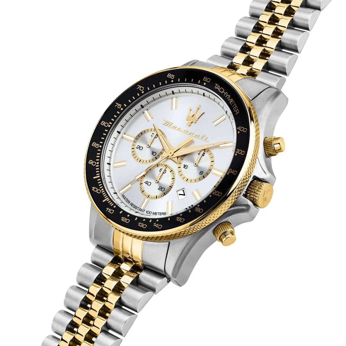 Angled view of Maserati Sfida Sport watch with white dial, gold and silver bracelet
