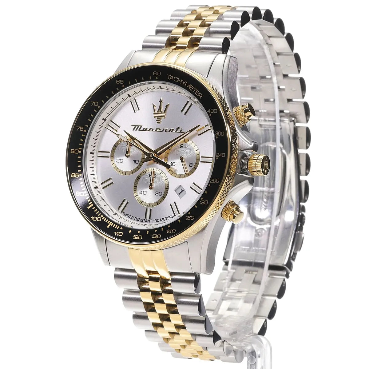 Maserati Sfida Sport watch displayed on stand showing full two-tone design
