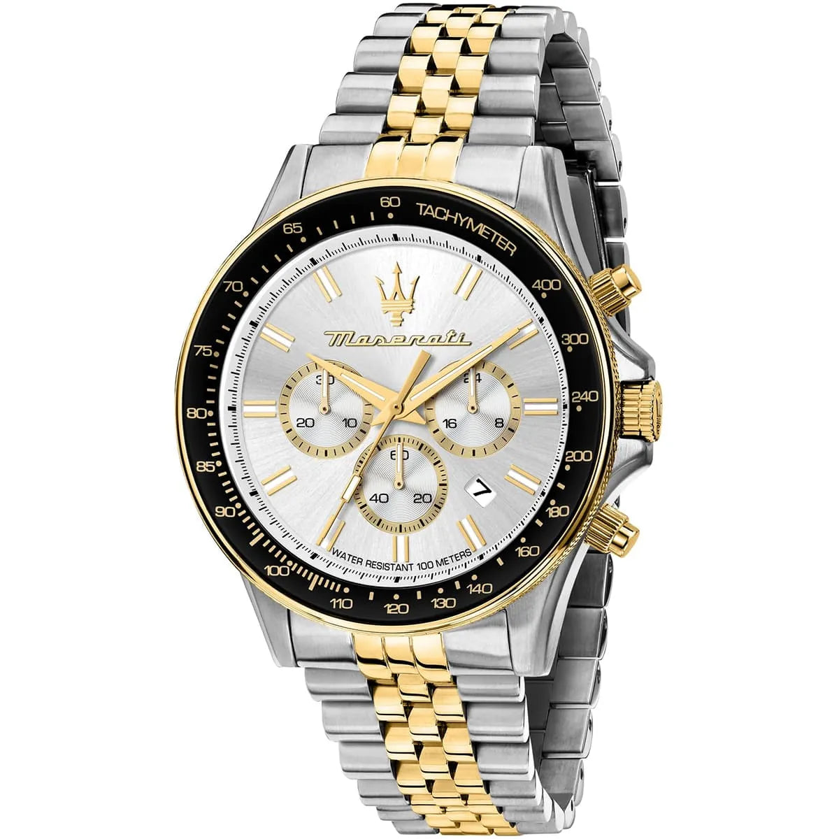 Maserati Sfida Sport chronograph watch featuring white dial and two-tone metal bracelet
