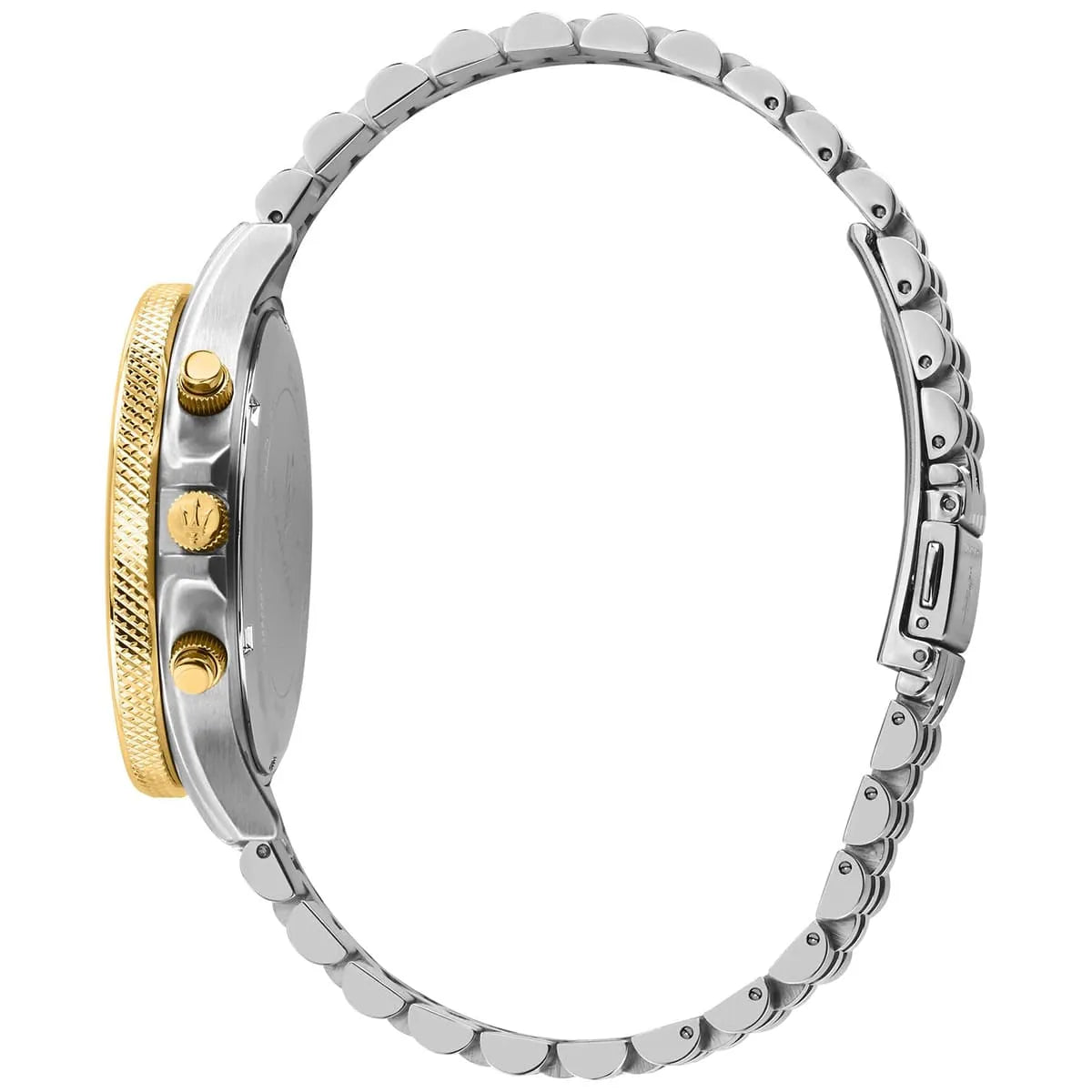 Side profile of Maserati Sfida Sport showing two-tone stainless steel band and case