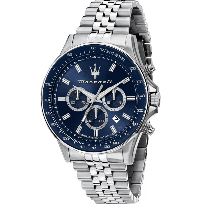 Maserati Sfida Sport chronograph watch with blue dial and silver steel bracelet