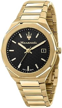 Maserati Stile gold men's watch with black dial and gold-tone stainless steel case and bracelet