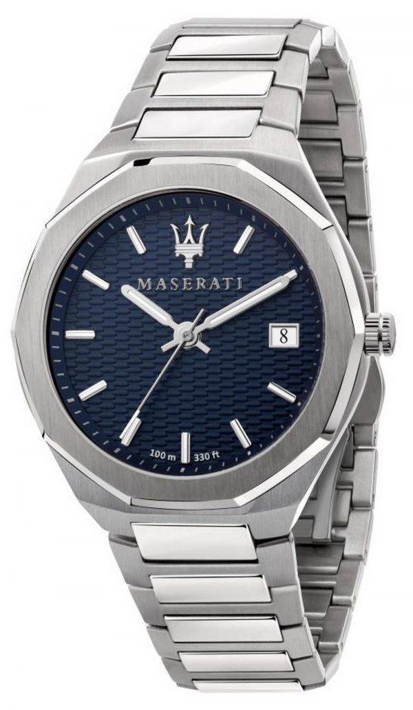 Maserati Stile men's watch with blue dial, silver-tone case and bracelet, date window