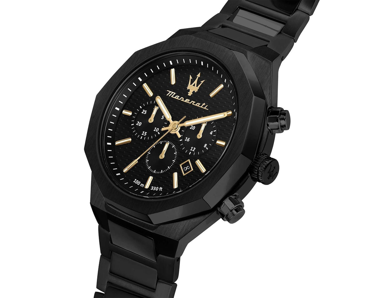 Maserati Stile chronograph watch at angle showing black stainless steel bracelet and case