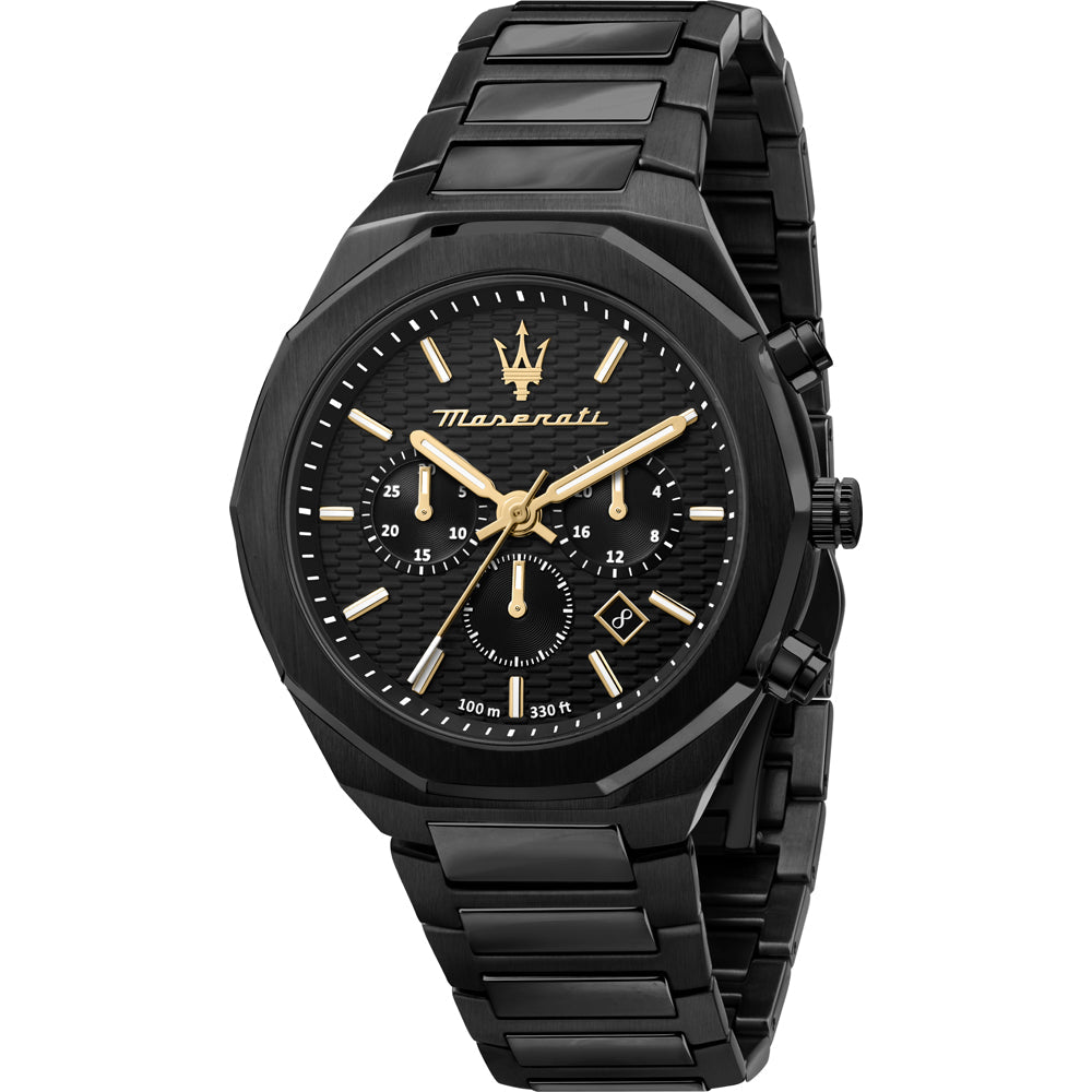 Maserati Stile black chronograph watch with gold hands and hour markers on black dial