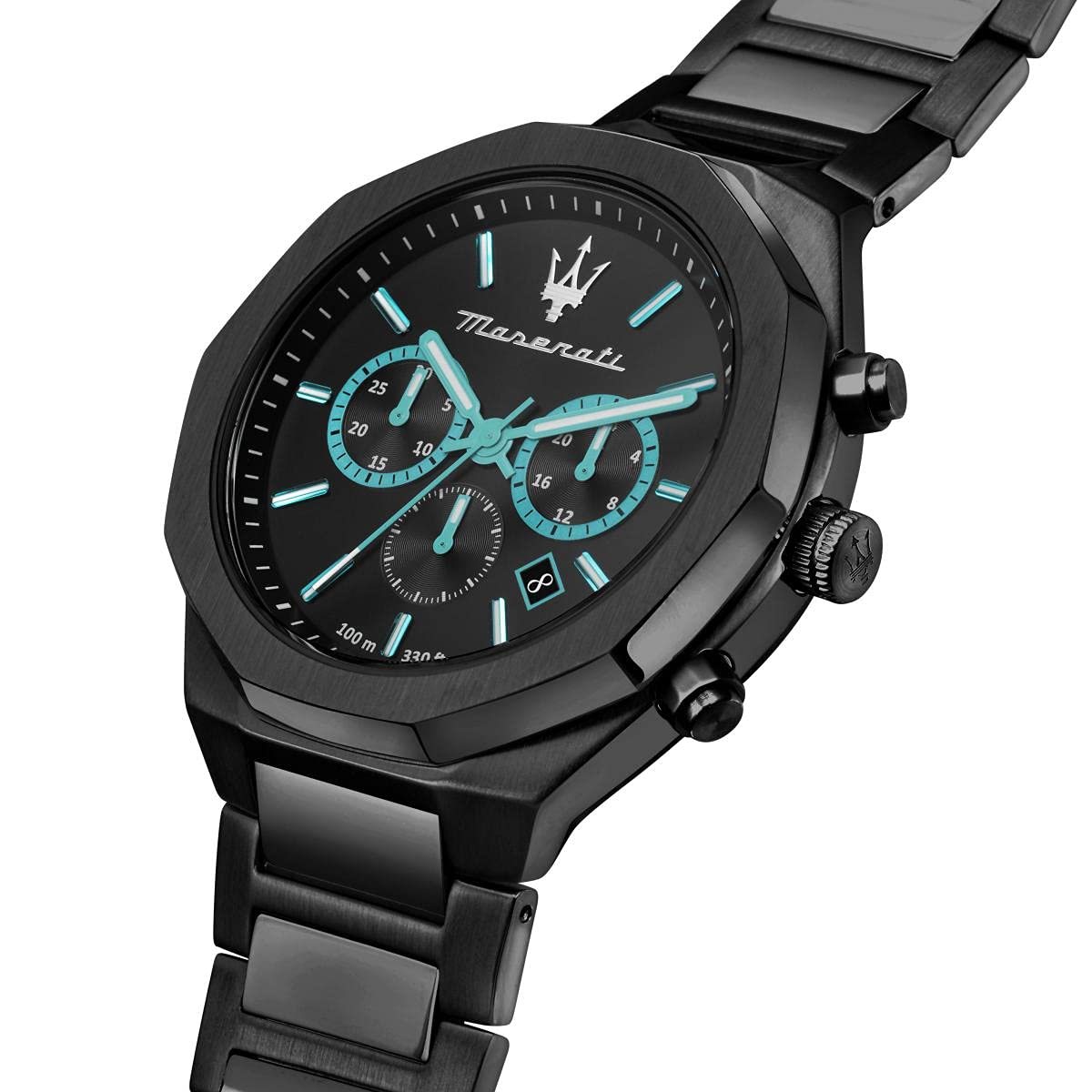 Angled view of Maserati Stile watch with black dial, turquoise subdials, and steel bracelet