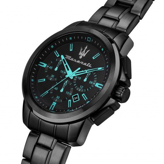 Maserati Successo Aqua Edition watch angled view showing black steel bracelet and cyan chronograph subdials