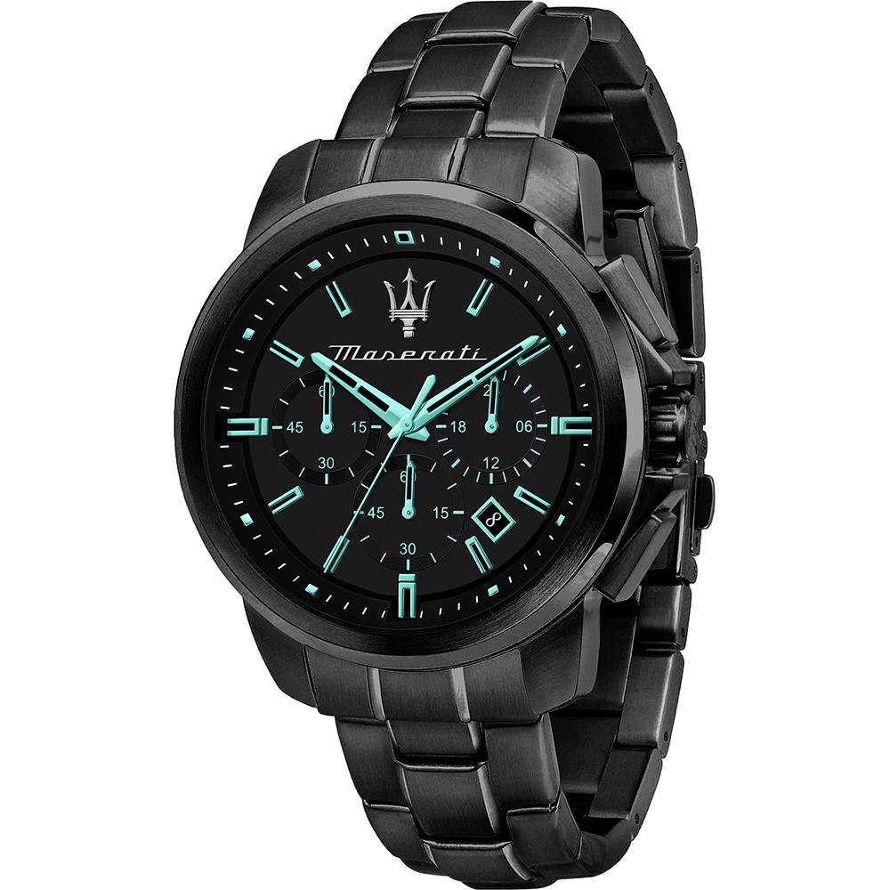 Maserati Successo Aqua Edition black dial chronograph watch with cyan hands and indices