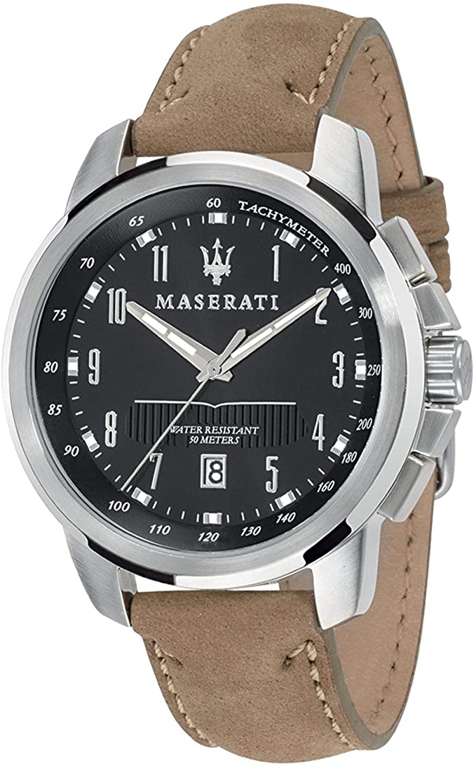 Maserati Successo black dial watch with silver-tone case and beige leather strap