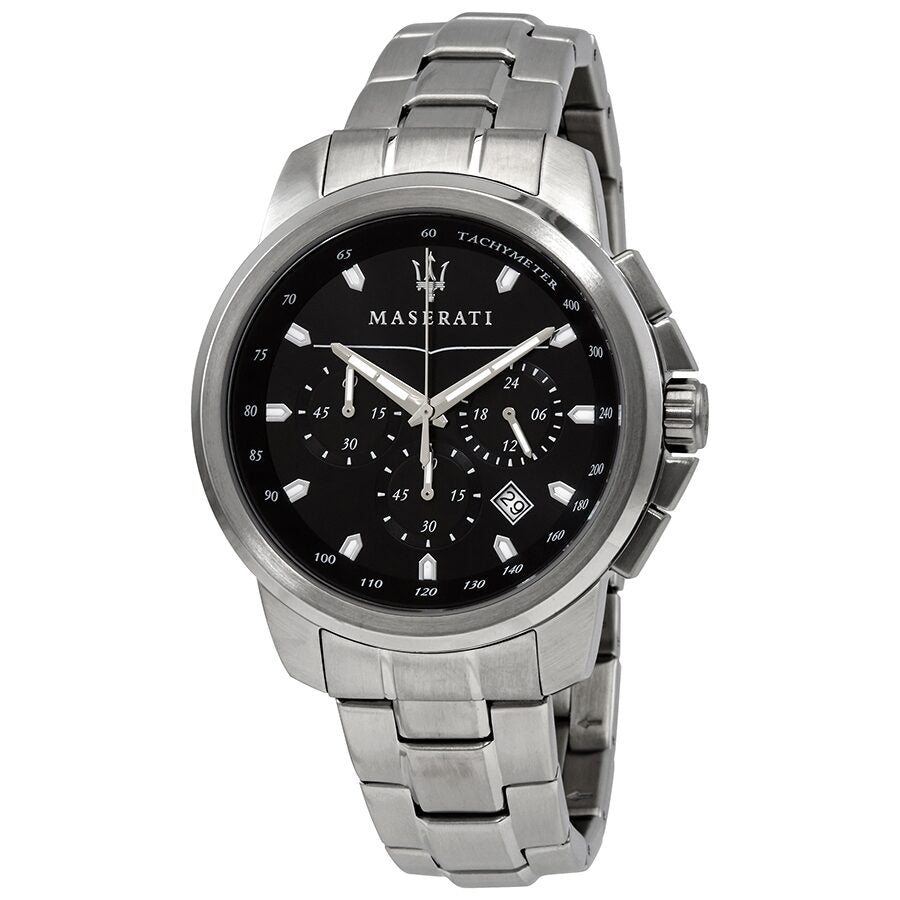 Maserati Successo chronograph watch with black dial and stainless steel bracelet